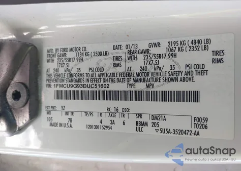 2013 Ford Escape Se из США, поврежденный, VIN 1FMCU9G93DUC51602